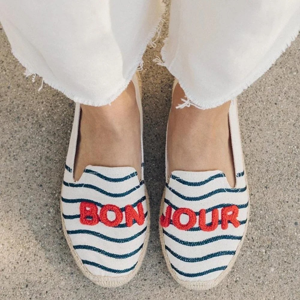 SOLUDOS Bonjour Striped Nautical Canvas Espadrille Flats Bon Jour Size 10